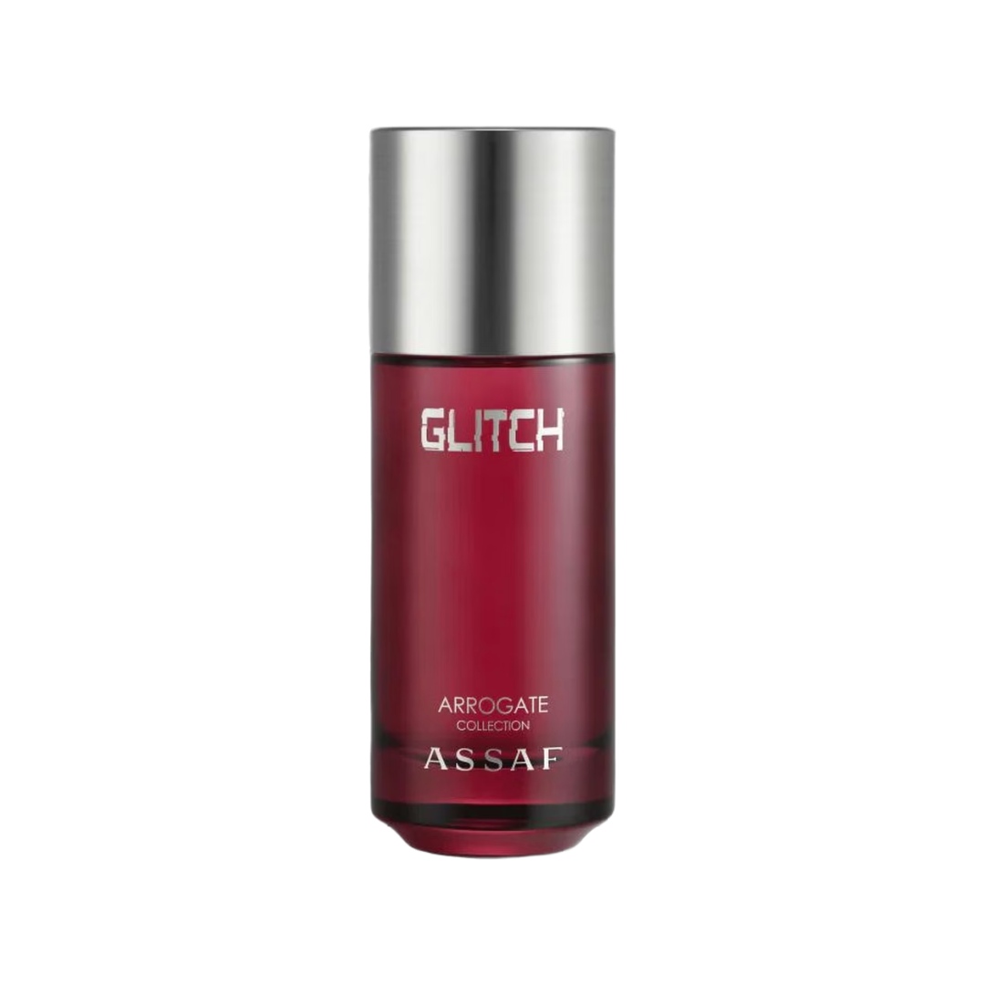 Assaf Glitch Arrogate Collection perfume bottle, featuring a deep burgundy red glass body and a metallic silver cap, set against a plain white background.
