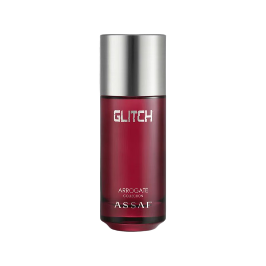 Assaf Glitch Arrogate Collection perfume bottle, featuring a deep burgundy red glass body and a metallic silver cap, set against a plain white background.