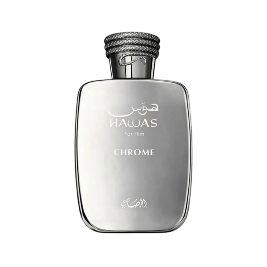 A silver metallic perfume bottle for men, featuring a textured silver cap and engraved text including 'HAWAS For Him' and 'CHROME' on a plain white background.