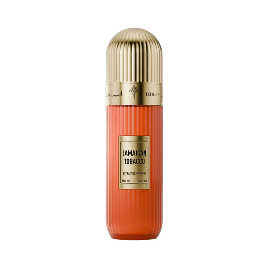 A single cylindrical bottle of Libra Jamaican Tobacco extract deodorant, featuring a ribbed orange-red body, a metallic gold cap, and a gold label on a plain white background.
