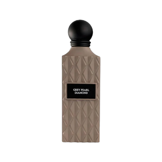 A textured rectangular perfume bottle in a warm taupe-gray color with a black spherical cap and a black label reading 'GREY PEARL DIAMOND'.