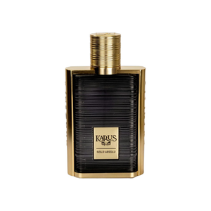 A bottle of KARUS BY KARUS Gold Absolu perfume, featuring a ribbed black glass body framed by a gold metallic border and a gold cap, set against a plain white background.