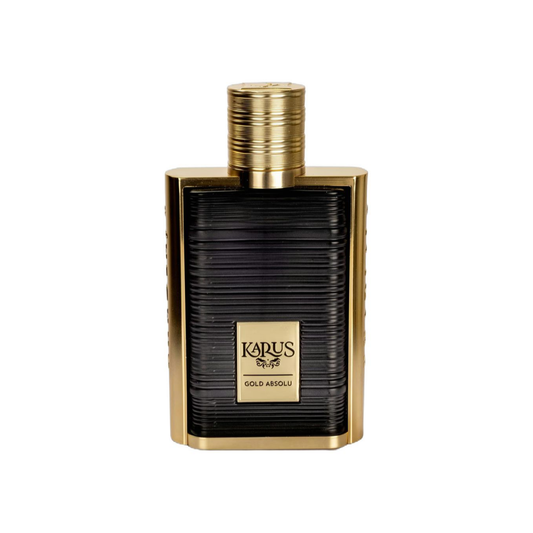 A bottle of KARUS BY KARUS Gold Absolu perfume, featuring a ribbed black glass body framed by a gold metallic border and a gold cap, set against a plain white background.