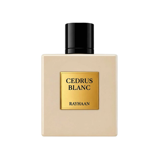 A square beige fragrance bottle with a black cap and a gold front label reading 'CEDRUS BLANC' and 'RAYHAAN', centered on a white background.