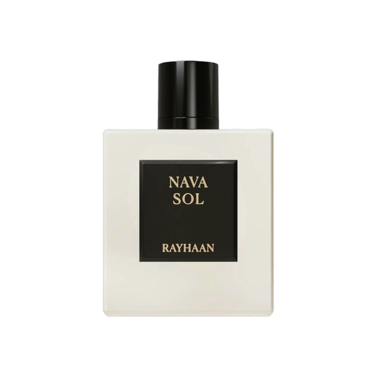 A square fragrance bottle with a cream-colored body and a black cap, featuring a black front label with gold lettering that reads 'NAVA SOL' and 'RAYHAAN'.