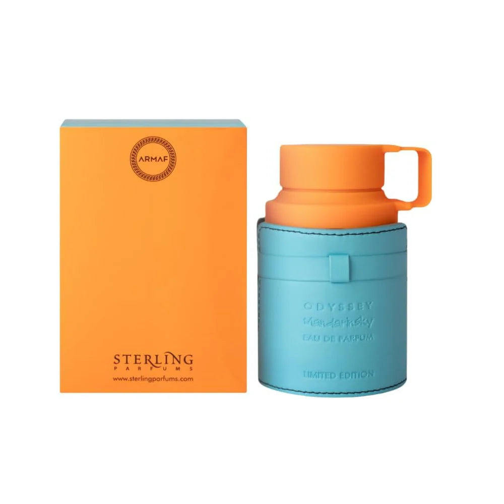 Blue and orange perfume bottle with packaging on a white background