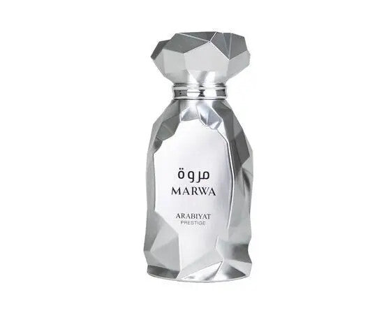 Perfume bottle with geometric design and 'Marwa' branding on a white background